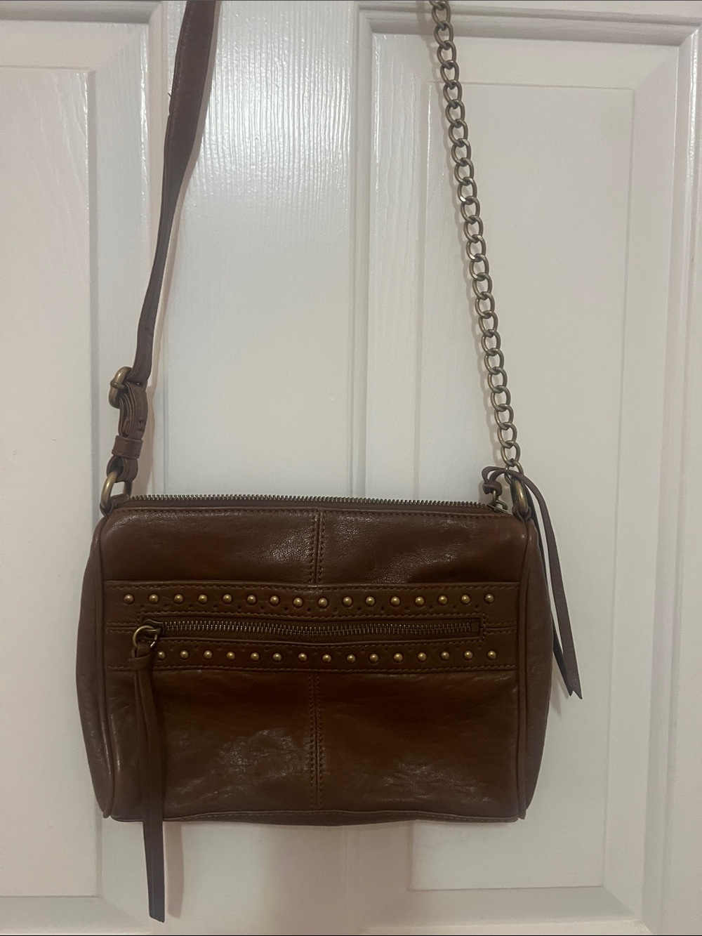 Andrew Marc Brown Leather Studded Crossbody Bag